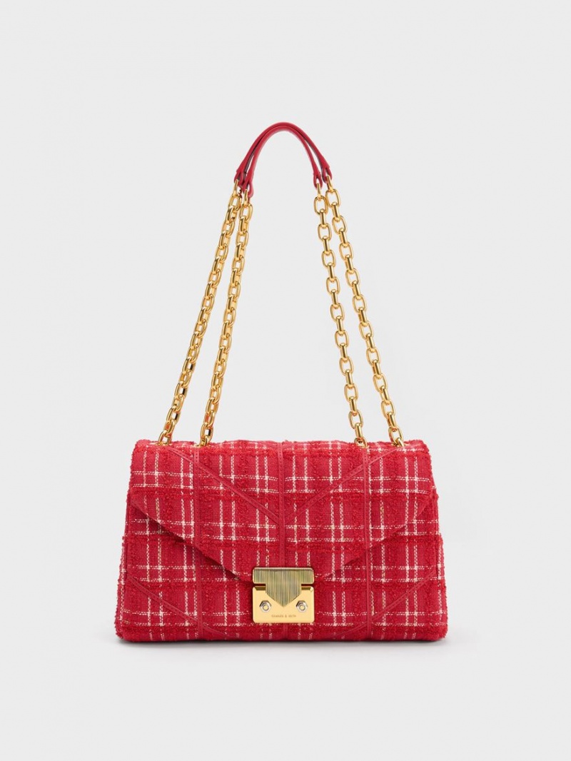 τσάντεσ χιαστί Charles And Keith Eudora Tweed Trapeze κοκκινα | 07861-LOAB