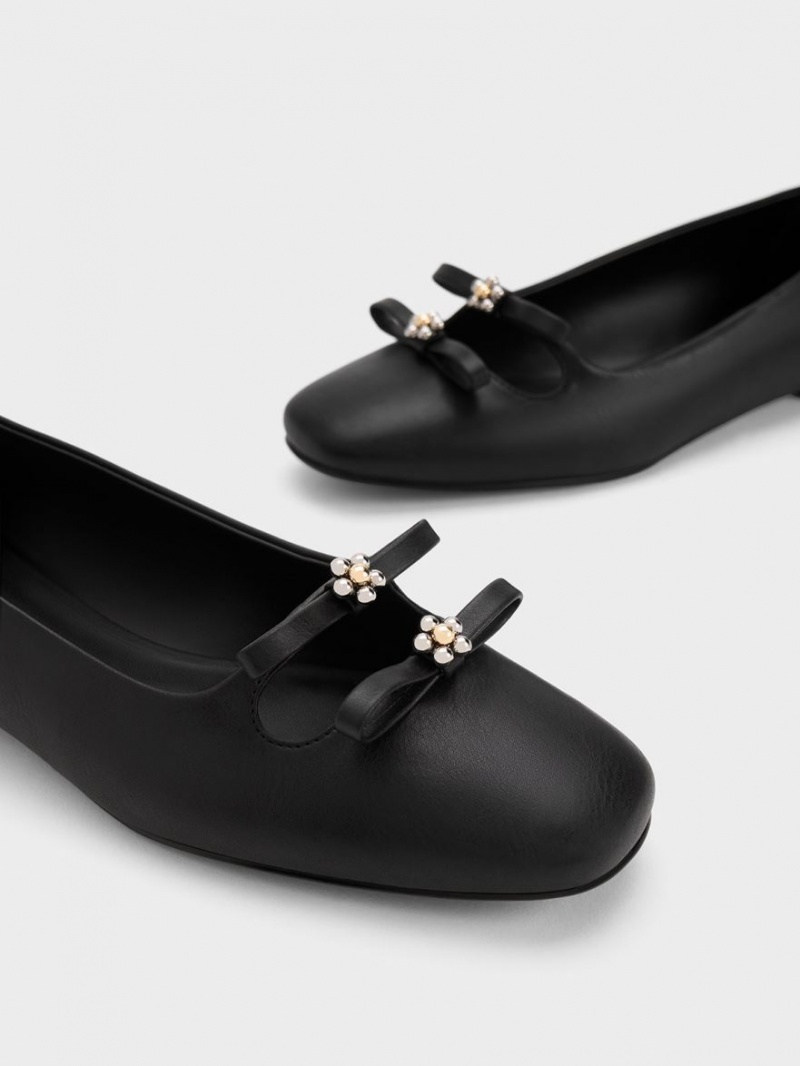 Παπουτσια Μπαλαρινεσ Charles And Keith Floral Beaded Bow μαυρα | 45123-OBHJ