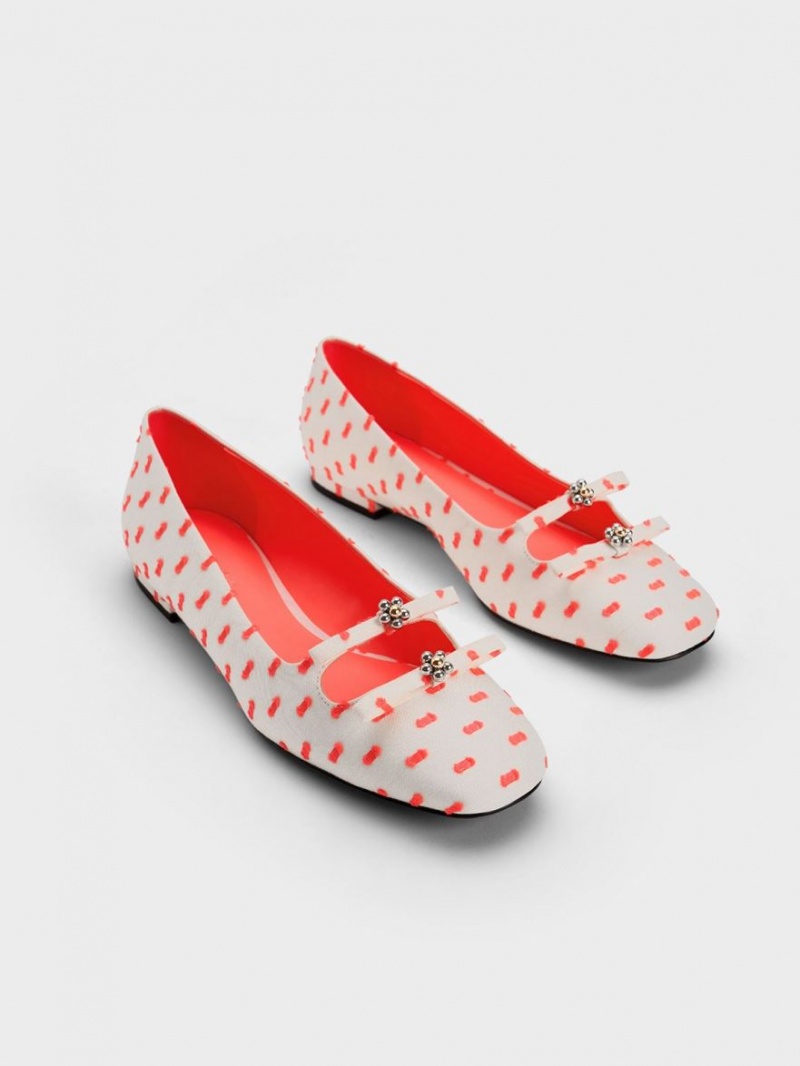 Παπουτσια Μπαλαρινεσ Charles And Keith Floral Beaded Printed Bow κοραλι | 29673-YGNL