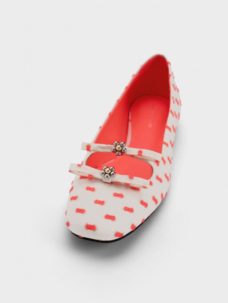 Παπουτσια Μπαλαρινεσ Charles And Keith Floral Beaded Printed Bow κοραλι | 29673-YGNL