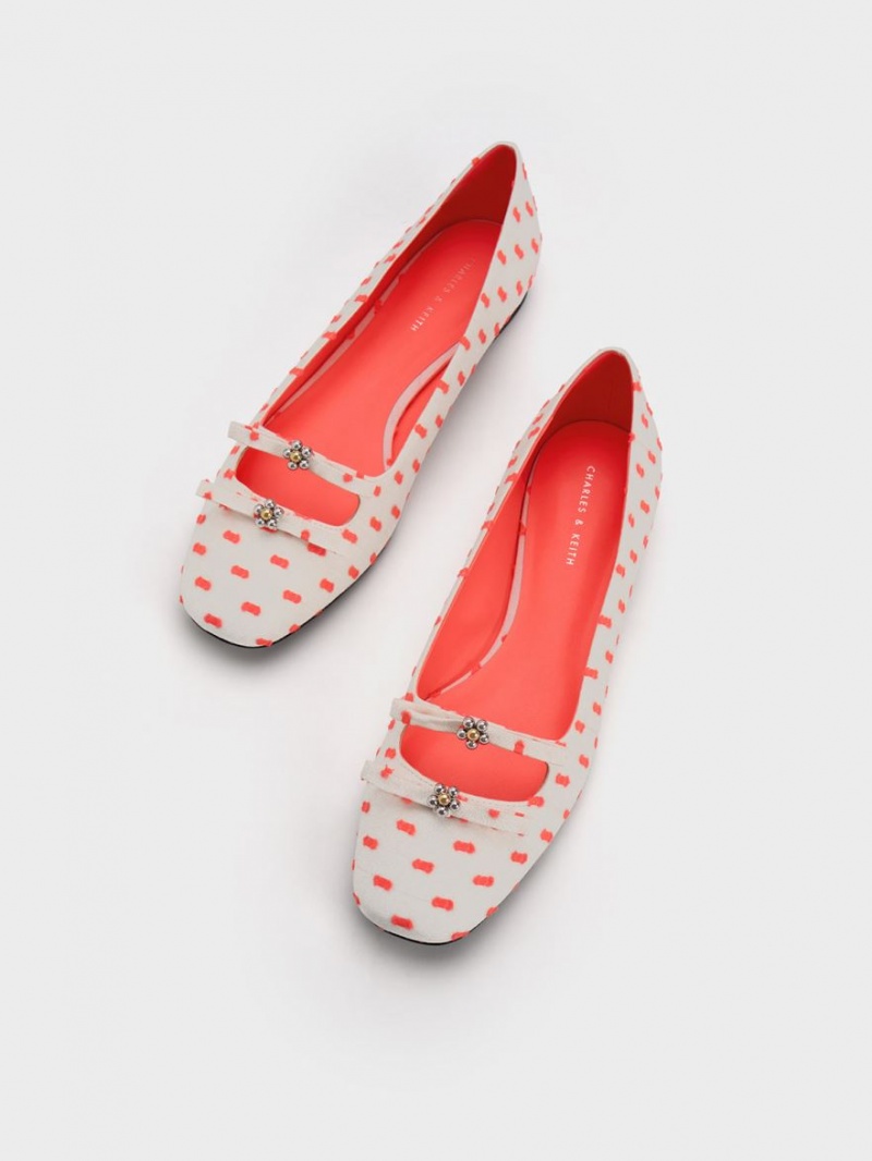 Παπουτσια Μπαλαρινεσ Charles And Keith Floral Beaded Printed Bow κοραλι | 29673-YGNL