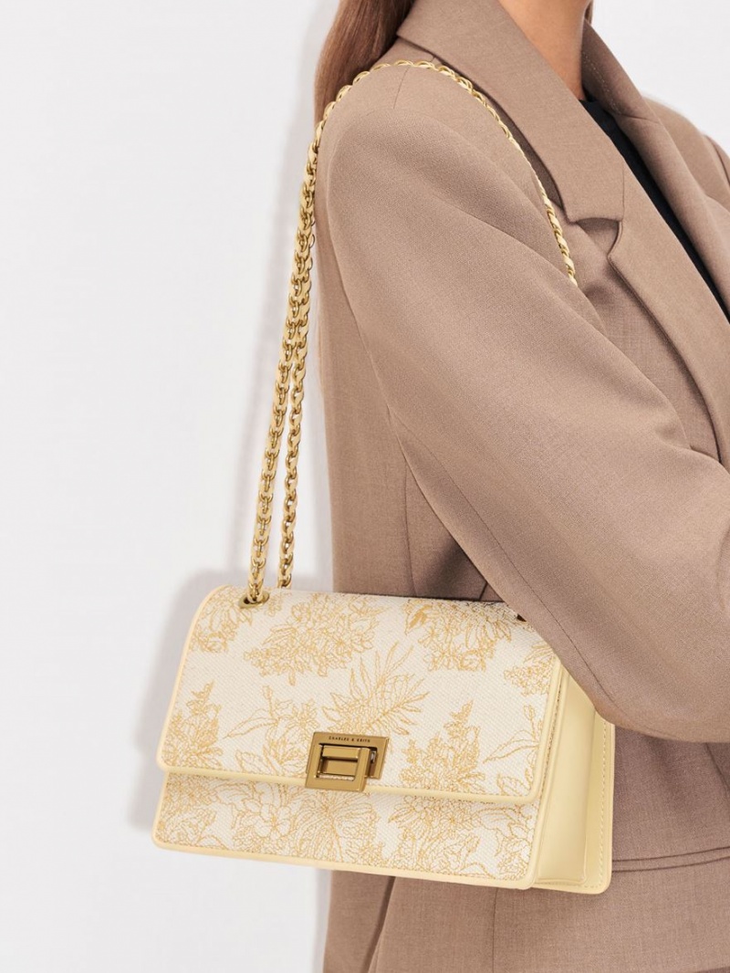 τσάντεσ ώμου Charles And Keith Floral Illustrated καμβα Μπεζ | 32197-DGCK