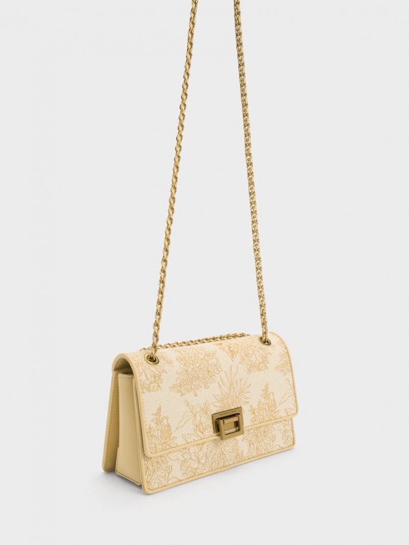 τσάντεσ ώμου Charles And Keith Floral Illustrated καμβα Μπεζ | 32197-DGCK