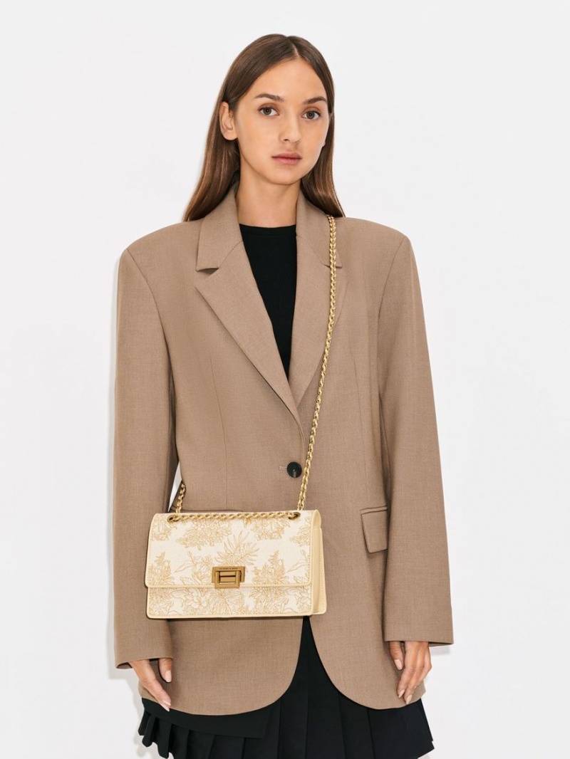 τσάντεσ ώμου Charles And Keith Floral Illustrated καμβα Μπεζ | 32197-DGCK
