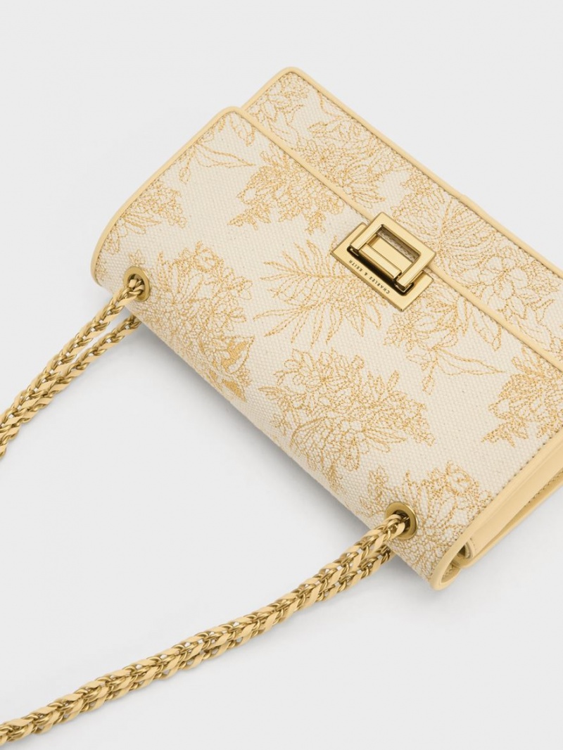 τσάντεσ ώμου Charles And Keith Floral Illustrated καμβα Μπεζ | 32197-DGCK