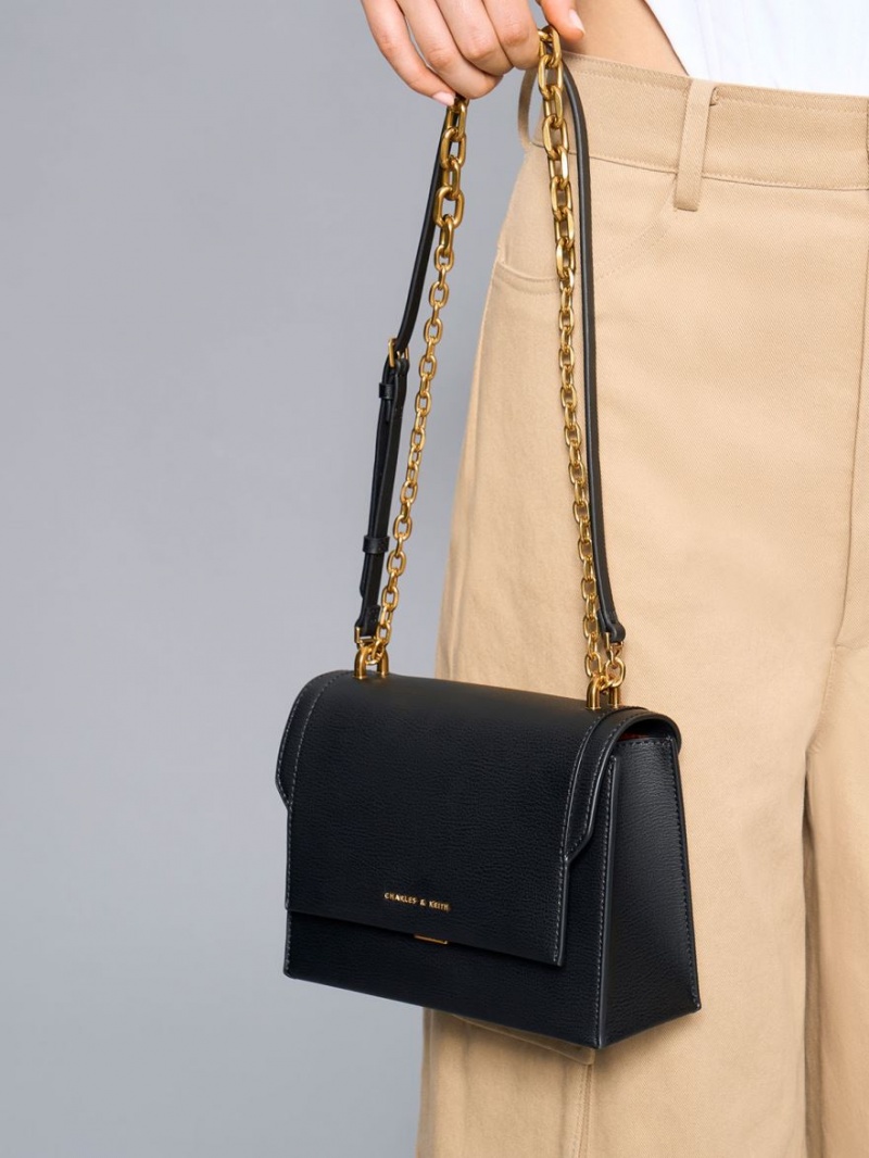 τσάντεσ χιαστί Charles And Keith Front Flap Chain Handle μαυρα | 32065-NYLJ