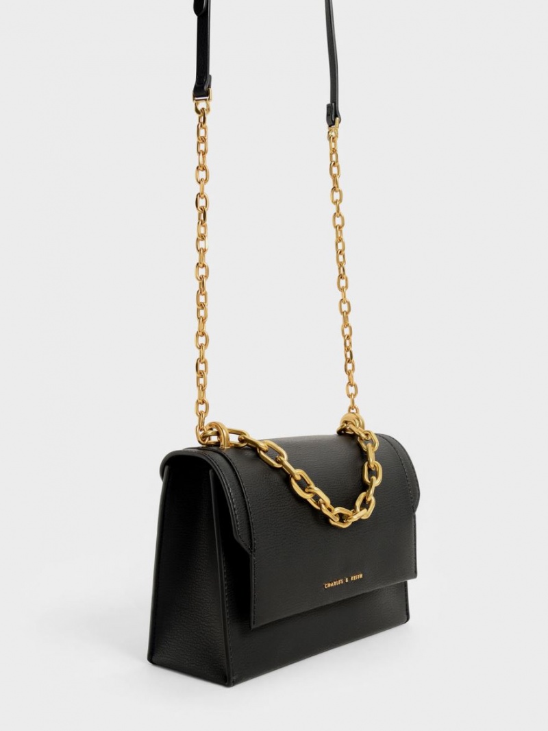 τσάντεσ χιαστί Charles And Keith Front Flap Chain Handle μαυρα | 32065-NYLJ