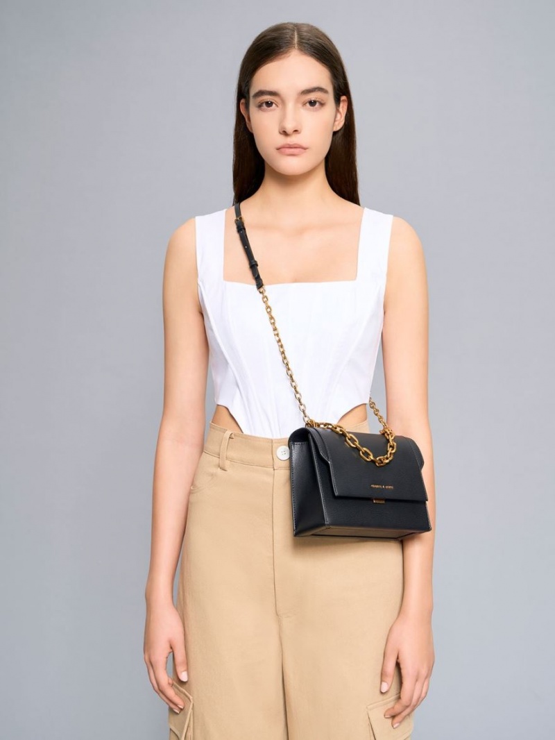 τσάντεσ χιαστί Charles And Keith Front Flap Chain Handle μαυρα | 32065-NYLJ