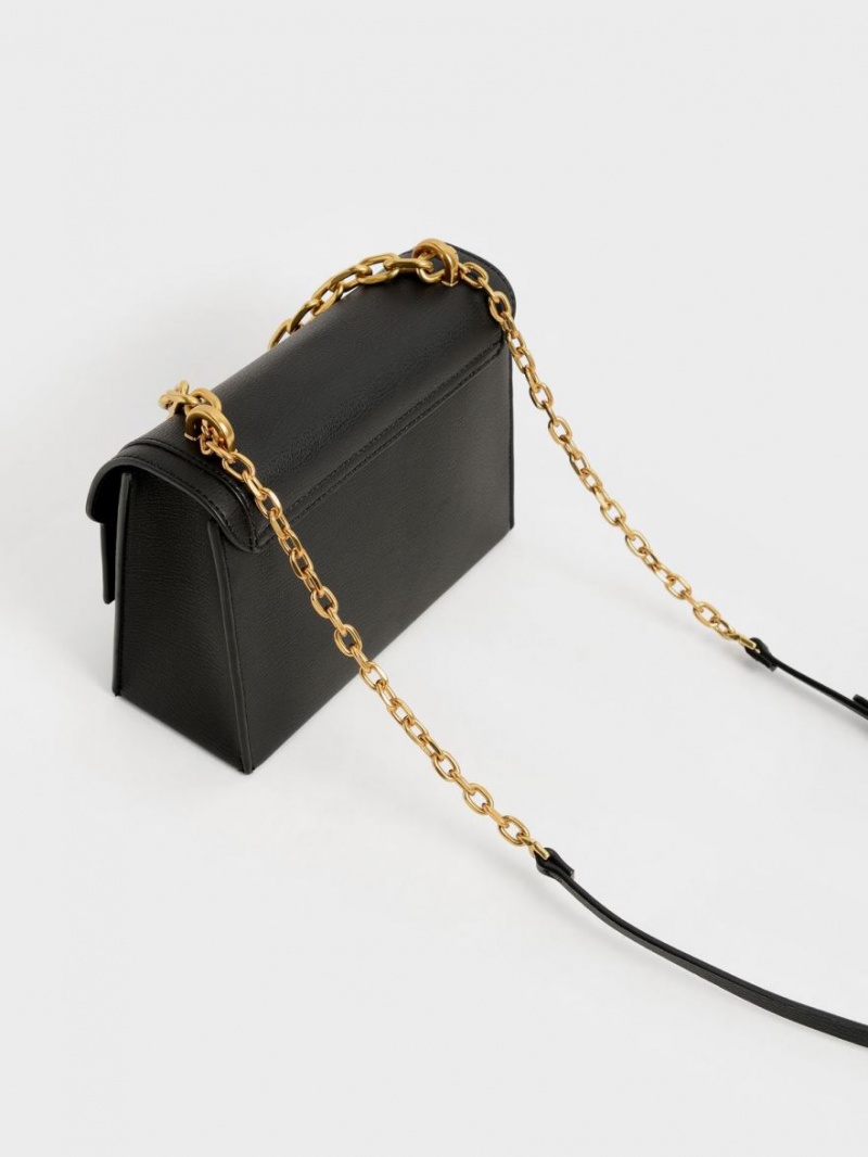 τσάντεσ χιαστί Charles And Keith Front Flap Chain Handle μαυρα | 32065-NYLJ