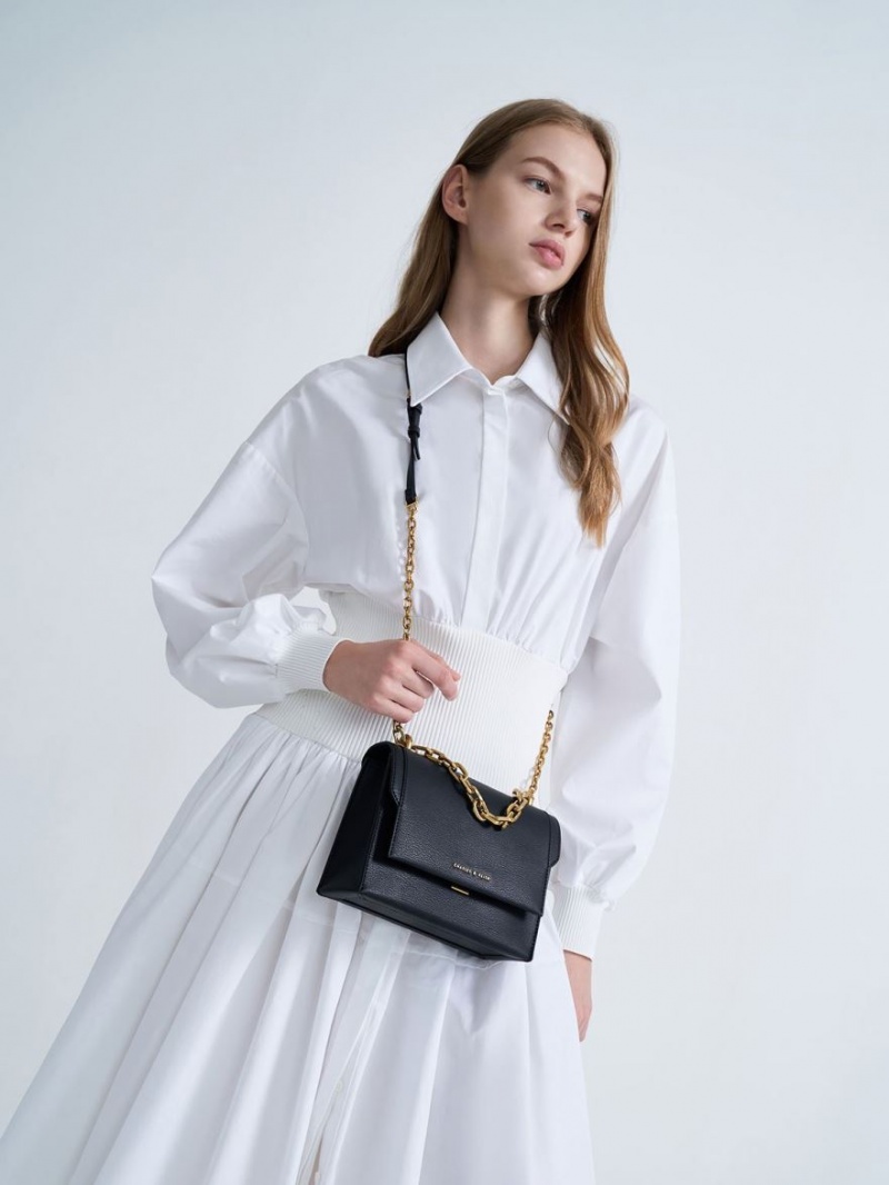 τσάντεσ χιαστί Charles And Keith Front Flap Chain Handle μαυρα | 32065-NYLJ