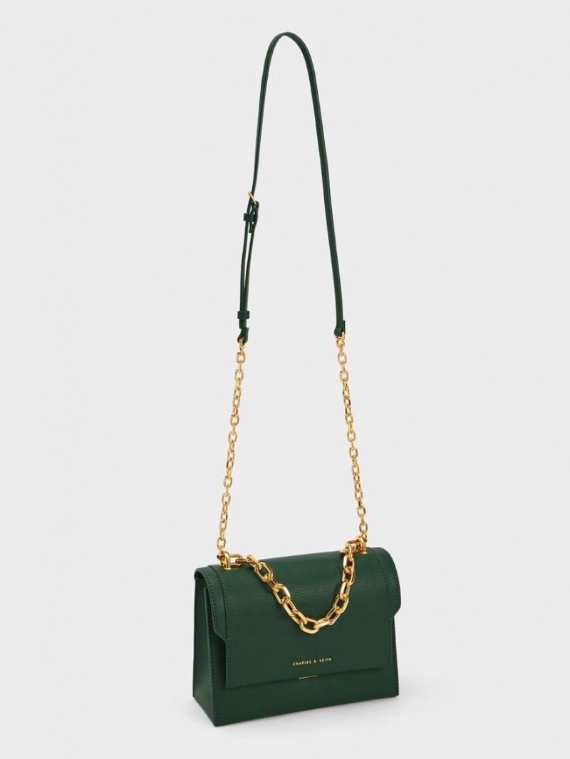τσάντεσ χιαστί Charles And Keith Front Flap Chain Handle σκούρο πρασινο | 82945-ISFU