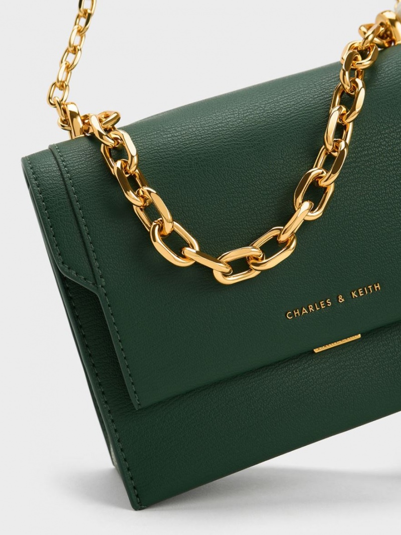 τσάντεσ χιαστί Charles And Keith Front Flap Chain Handle σκούρο πρασινο | 82945-ISFU