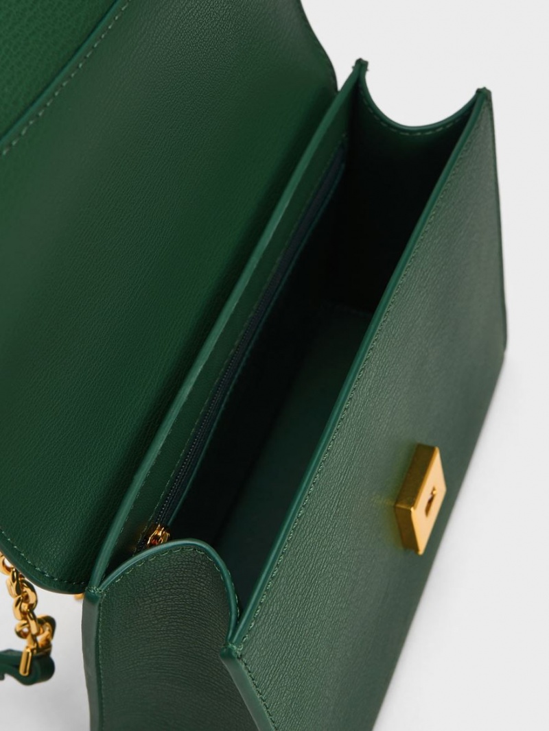 τσάντεσ χιαστί Charles And Keith Front Flap Chain Handle σκούρο πρασινο | 82945-ISFU