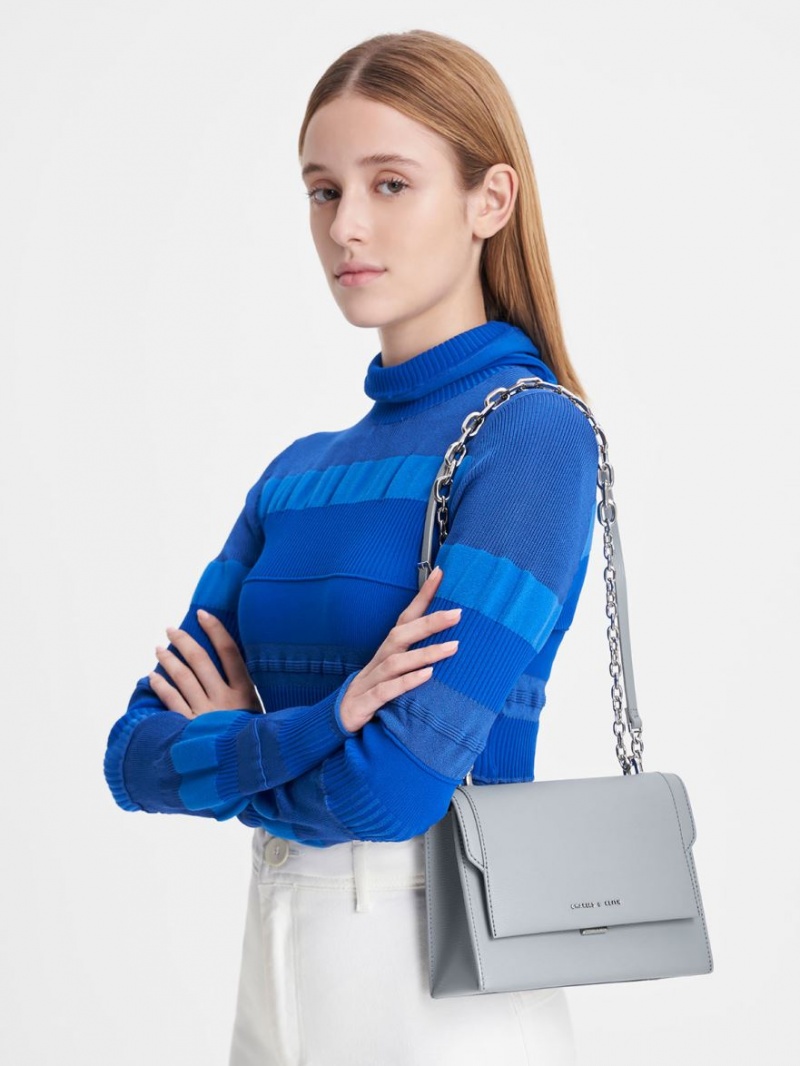 τσάντεσ χιαστί Charles And Keith Front Flap Chain Handle ανοιχτο μπλε | 62745-AKFZ