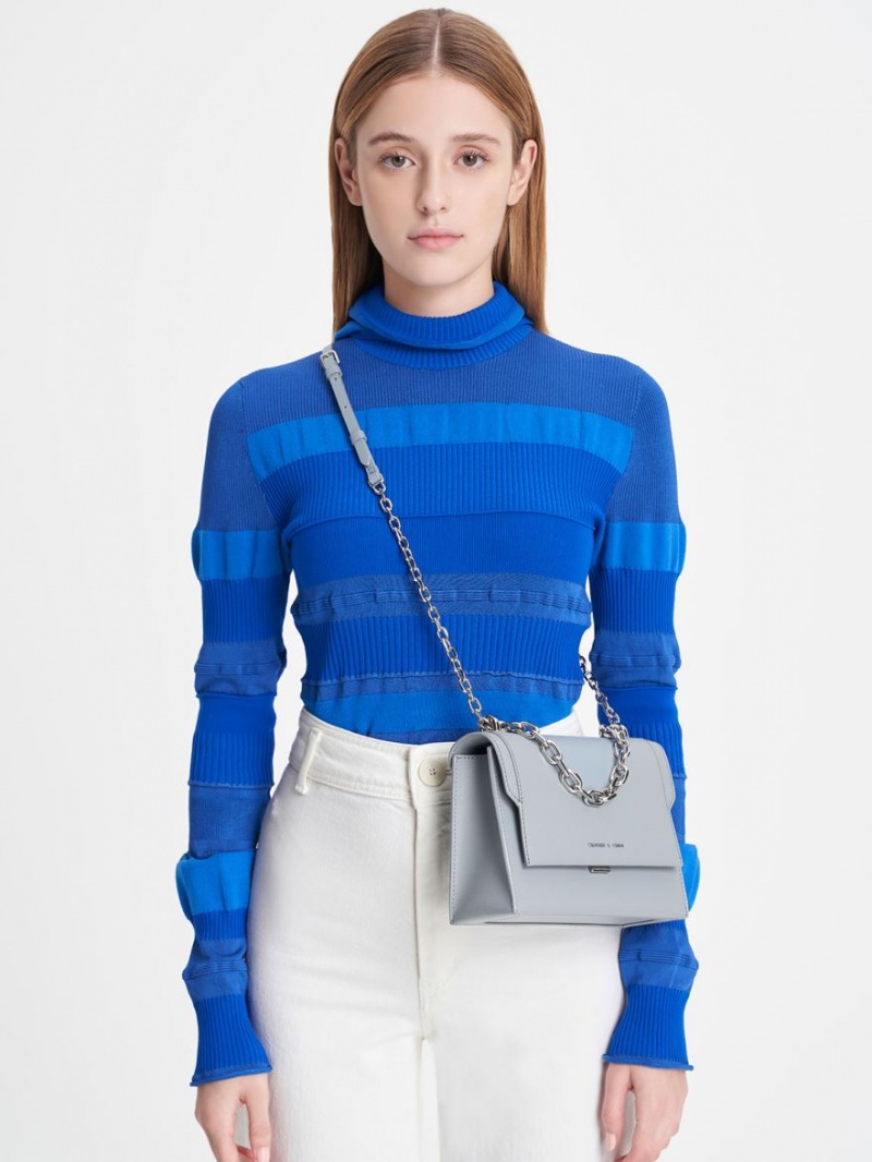 τσάντεσ χιαστί Charles And Keith Front Flap Chain Handle ανοιχτο μπλε | 62745-AKFZ