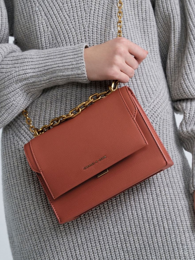 τσάντεσ χιαστί Charles And Keith Front Flap Chain Handle σκούρο κοκκινα | 14856-MPFA