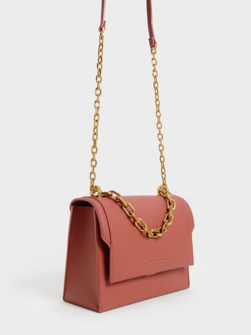 τσάντεσ χιαστί Charles And Keith Front Flap Chain Handle σκούρο κοκκινα | 14856-MPFA