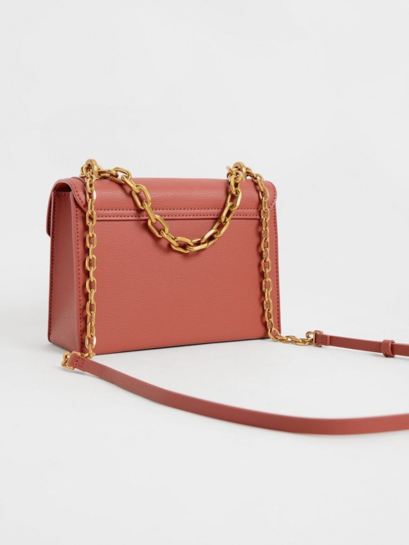 τσάντεσ χιαστί Charles And Keith Front Flap Chain Handle σκούρο κοκκινα | 14856-MPFA