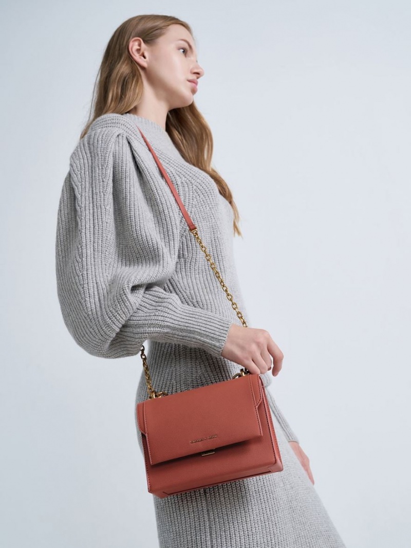 τσάντεσ χιαστί Charles And Keith Front Flap Chain Handle σκούρο κοκκινα | 14856-MPFA