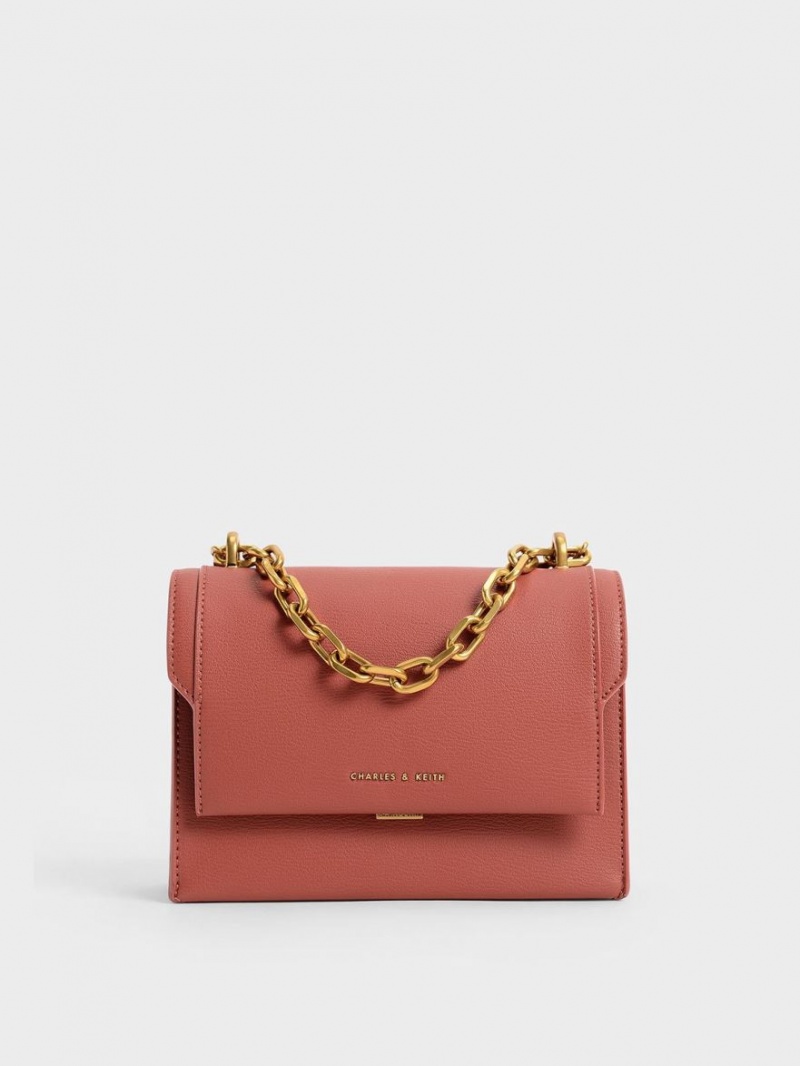 τσάντεσ χιαστί Charles And Keith Front Flap Chain Handle σκούρο κοκκινα | 14856-MPFA