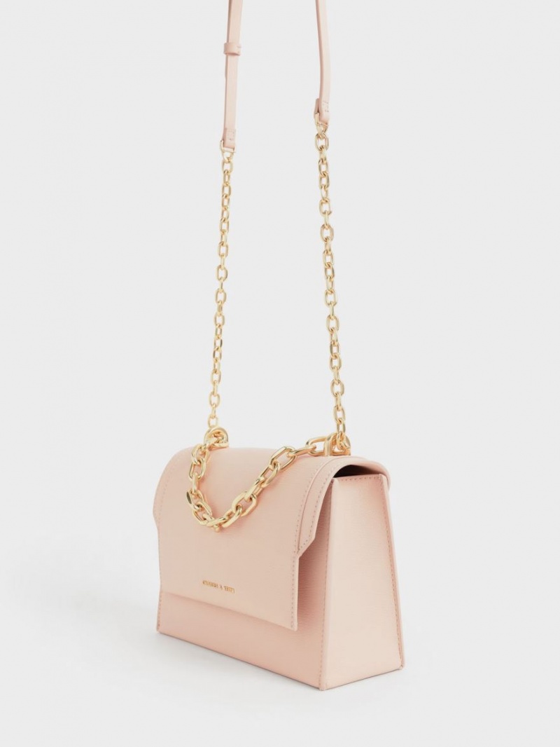 τσάντεσ χιαστί Charles And Keith Front Flap Chain Handle ανοιχτο ροζ | 48092-AYLR