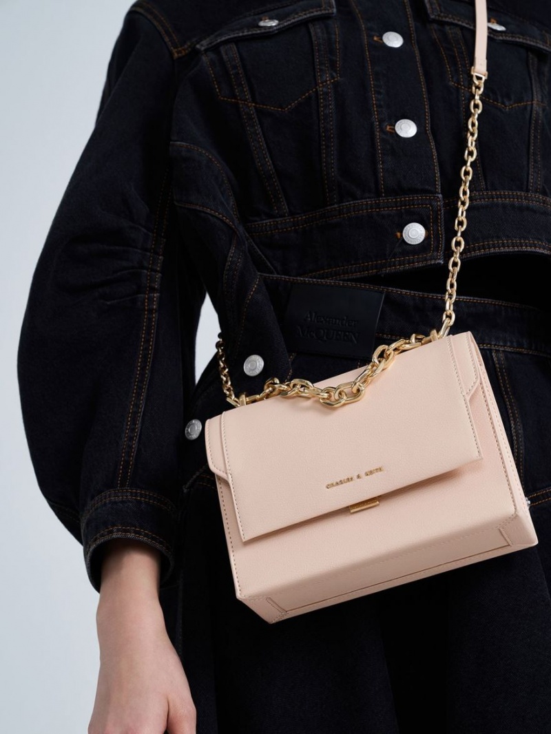 τσάντεσ χιαστί Charles And Keith Front Flap Chain Handle ανοιχτο ροζ | 48092-AYLR