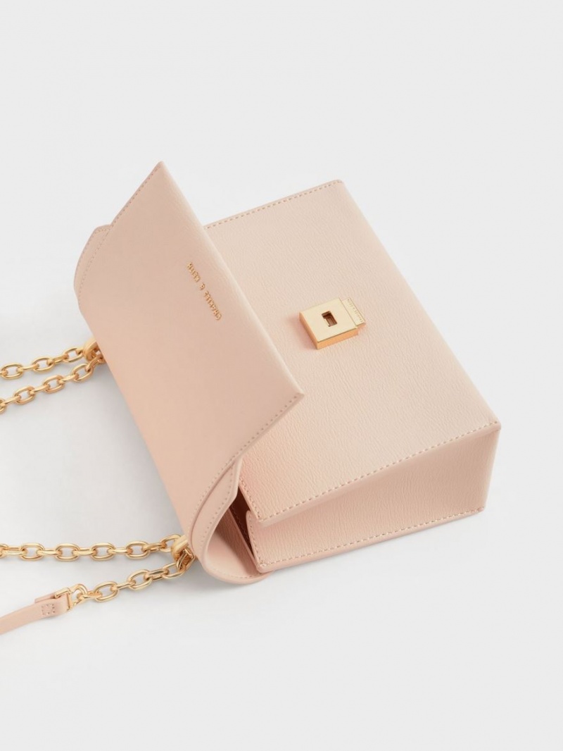 τσάντεσ χιαστί Charles And Keith Front Flap Chain Handle ανοιχτο ροζ | 48092-AYLR