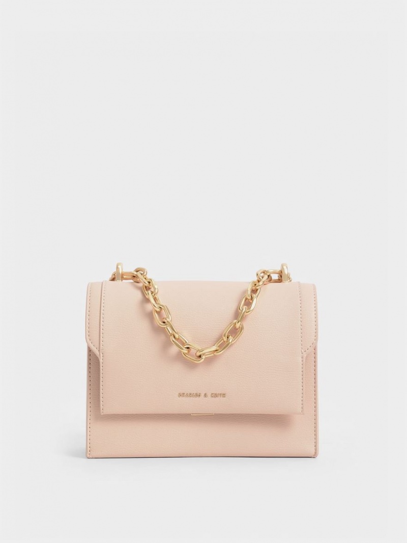 τσάντεσ χιαστί Charles And Keith Front Flap Chain Handle ανοιχτο ροζ | 48092-AYLR