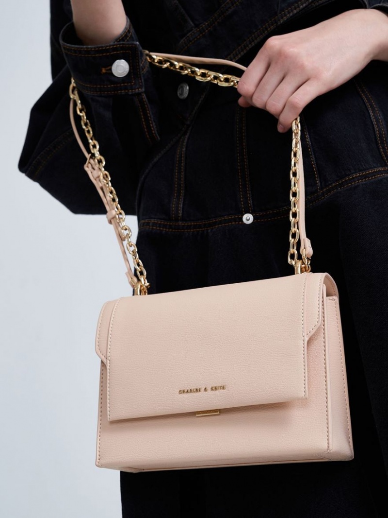 τσάντεσ χιαστί Charles And Keith Front Flap Chain Handle ανοιχτο ροζ | 15429-IDWB