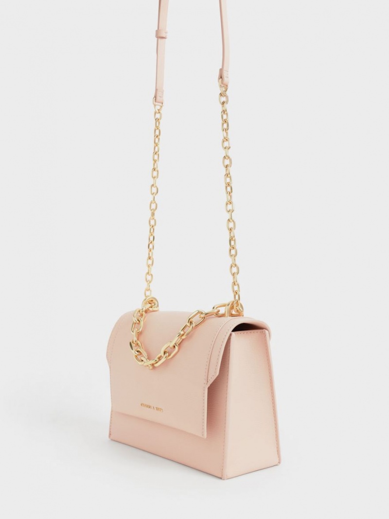 τσάντεσ χιαστί Charles And Keith Front Flap Chain Handle ανοιχτο ροζ | 15429-IDWB