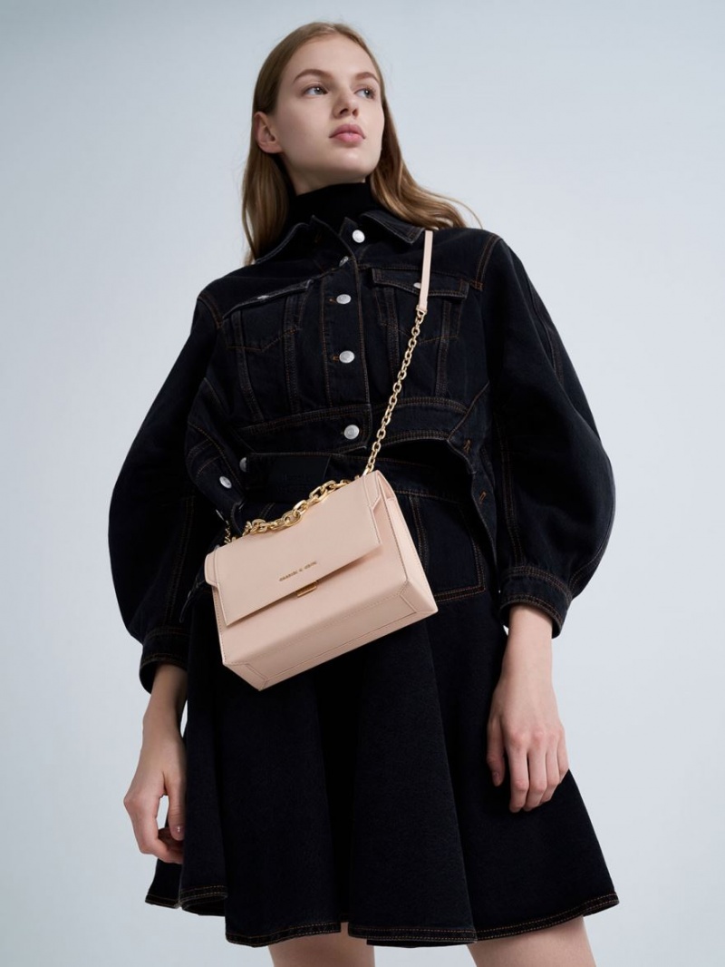 τσάντεσ χιαστί Charles And Keith Front Flap Chain Handle ανοιχτο ροζ | 15429-IDWB