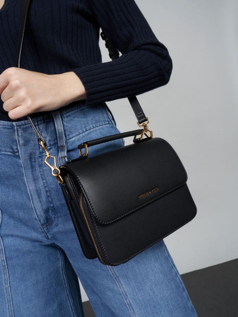 τσάντεσ χιαστί Charles And Keith Front Flap Top Handle μαυρα | 35792-NHPB