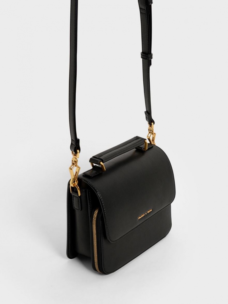 τσάντεσ χιαστί Charles And Keith Front Flap Top Handle μαυρα | 35792-NHPB
