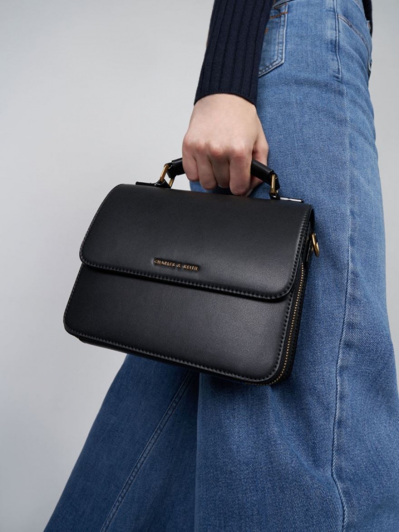 τσάντεσ χιαστί Charles And Keith Front Flap Top Handle μαυρα | 35792-NHPB