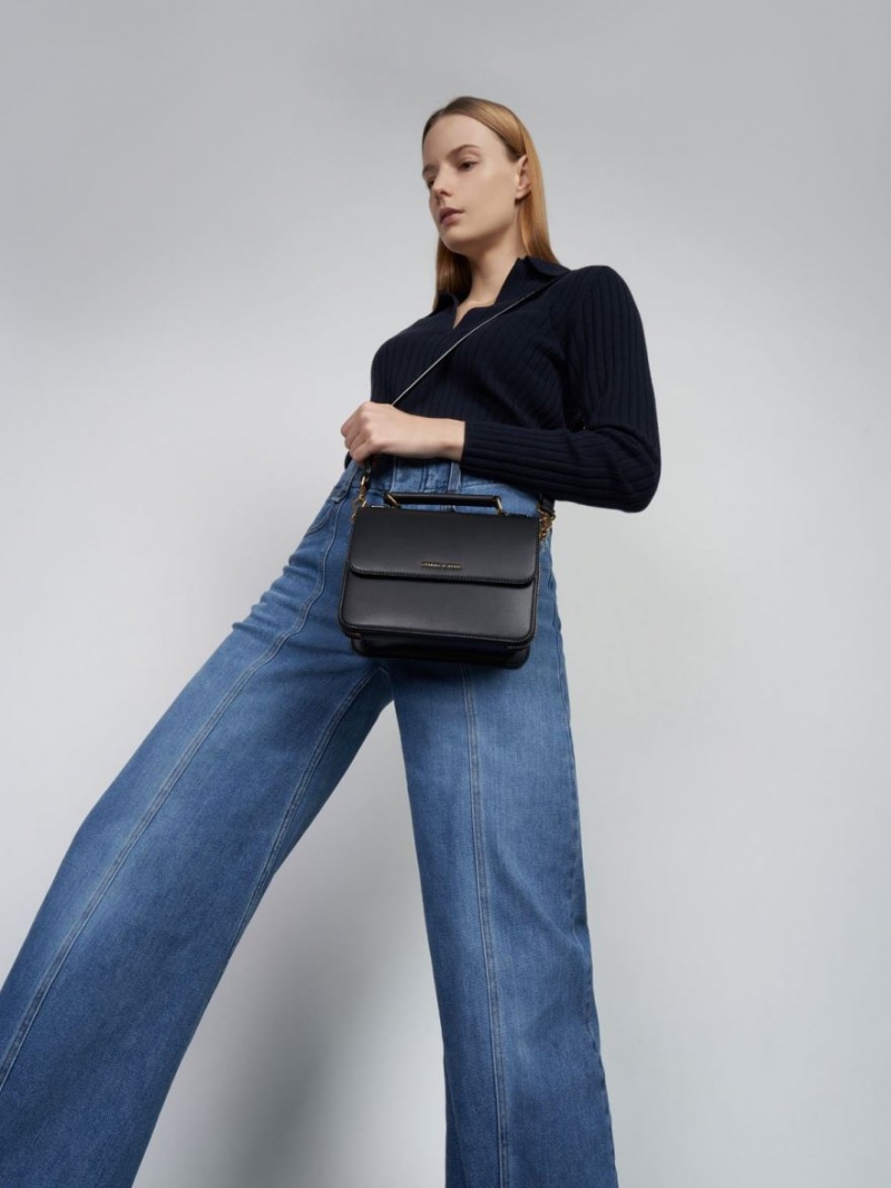 τσάντεσ χιαστί Charles And Keith Front Flap Top Handle μαυρα | 35792-NHPB
