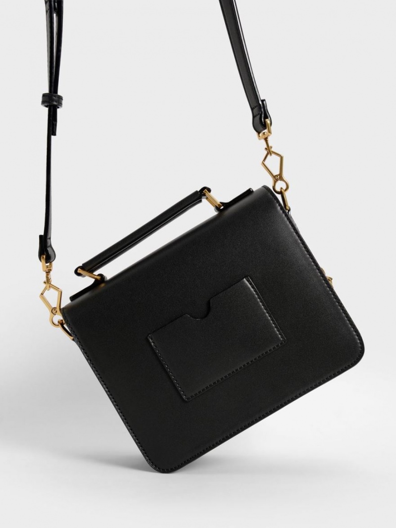 τσάντεσ χιαστί Charles And Keith Front Flap Top Handle μαυρα | 35792-NHPB