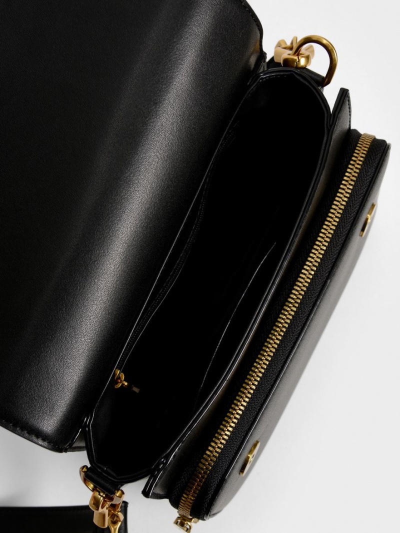 τσάντεσ χιαστί Charles And Keith Front Flap Top Handle μαυρα | 35792-NHPB