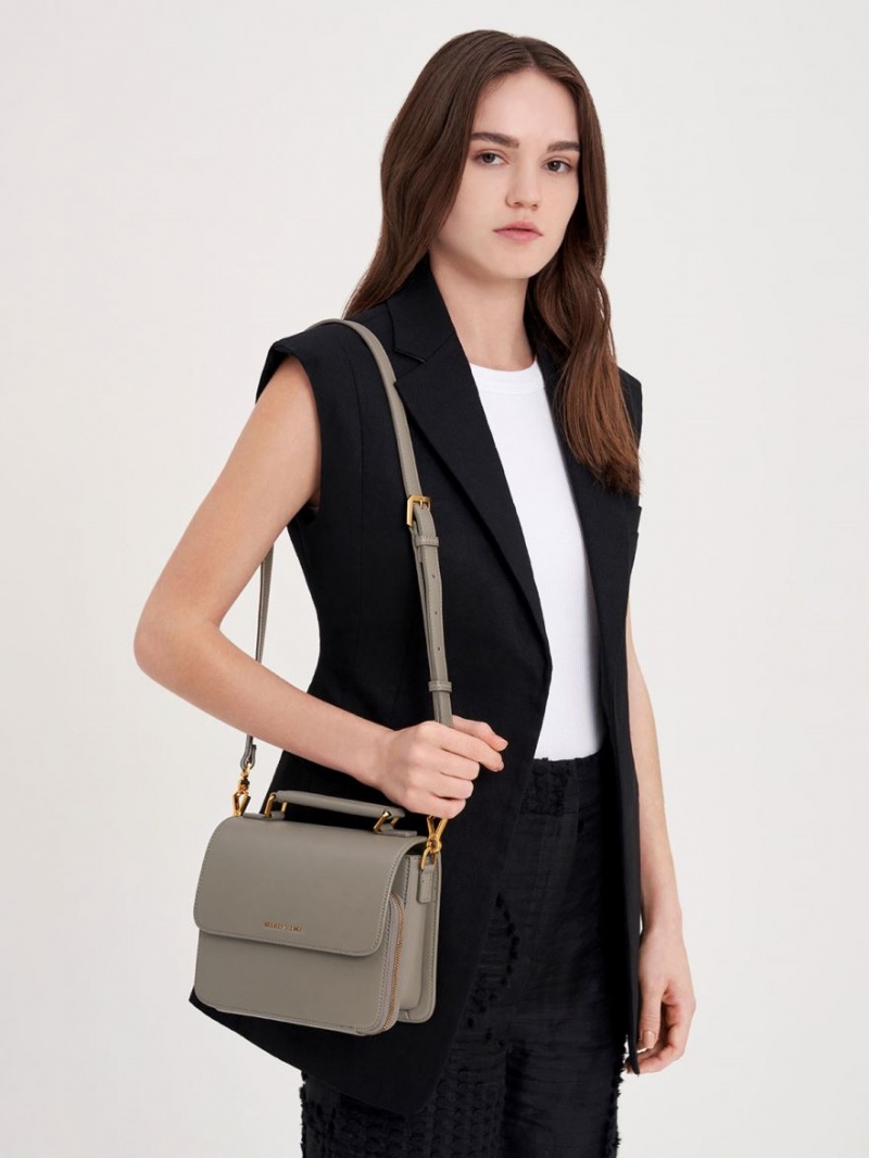 τσάντεσ χιαστί Charles And Keith Front Flap Top Handle γκρι | 59417-PMWB