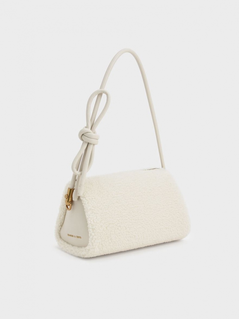 τσάντεσ ώμου Charles And Keith Furry Knotted Handle ασπρα | 62537-XTPK