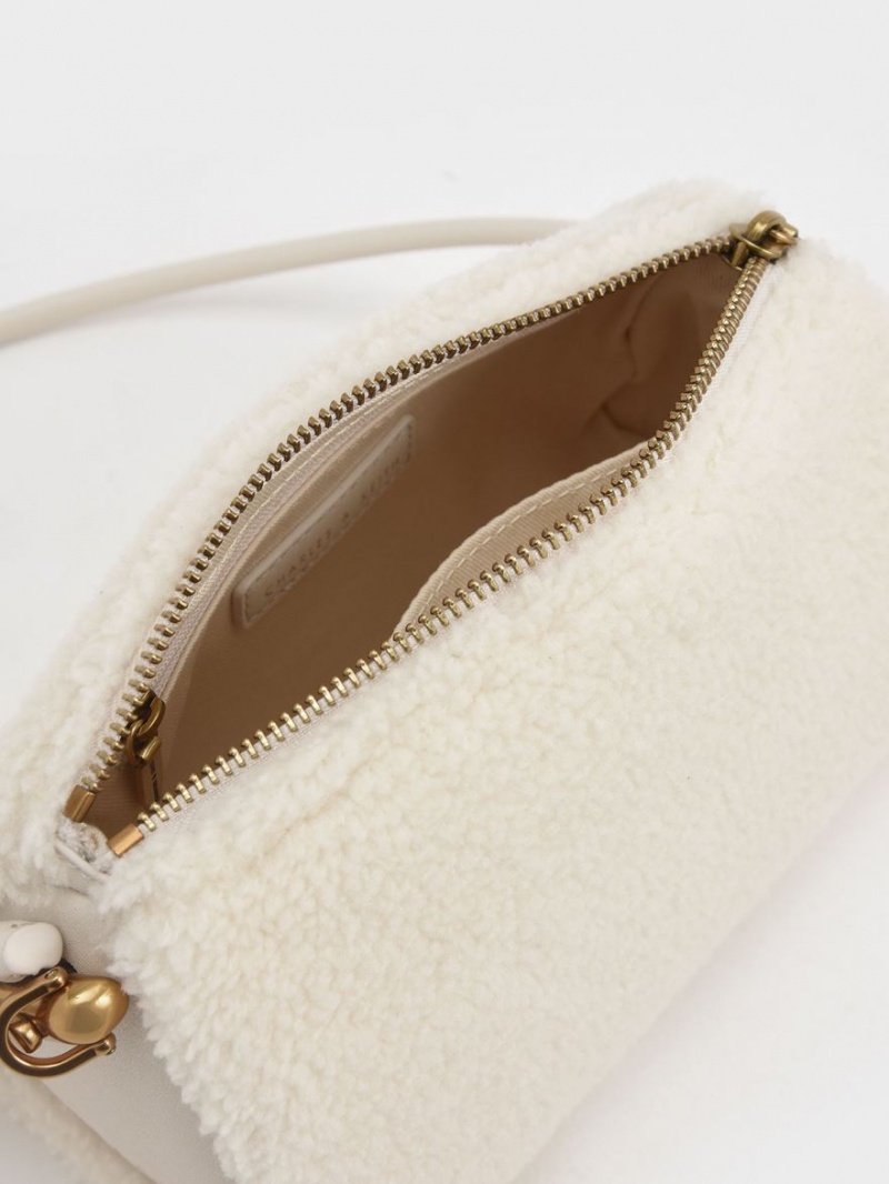 τσάντεσ ώμου Charles And Keith Furry Knotted Handle ασπρα | 62537-XTPK