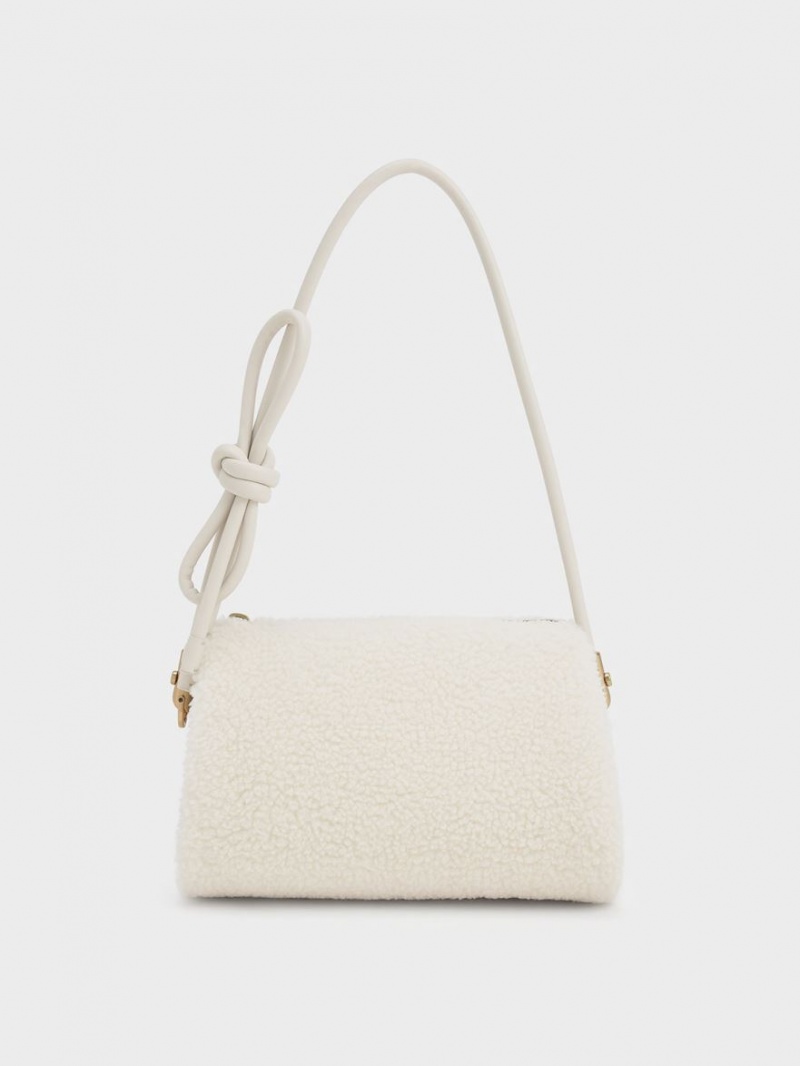 τσάντεσ ώμου Charles And Keith Furry Knotted Handle ασπρα | 62537-XTPK