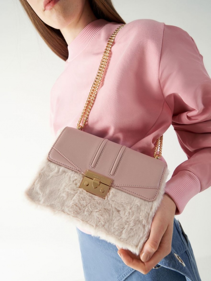 τσάντεσ ώμου Charles And Keith Furry Push-Lock ροζ | 36590-IFSZ