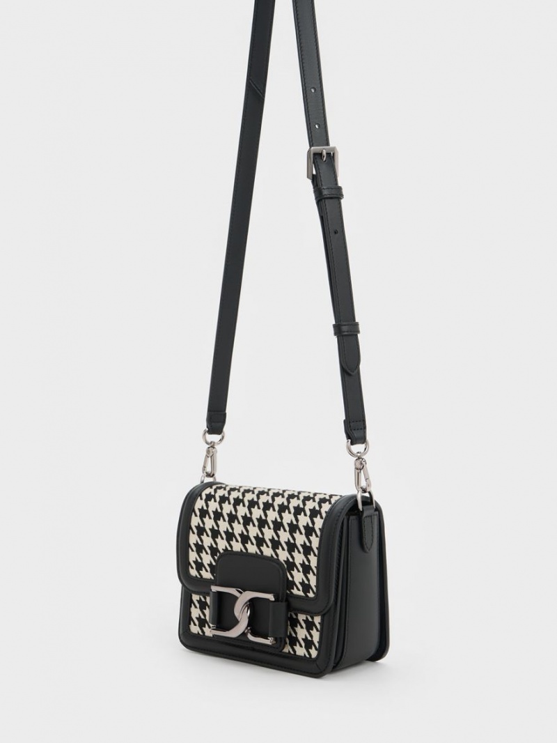 τσάντεσ χιαστί Charles And Keith Gabine Houndstooth δερματινα μαυρα ασπρα | 68731-BDQV