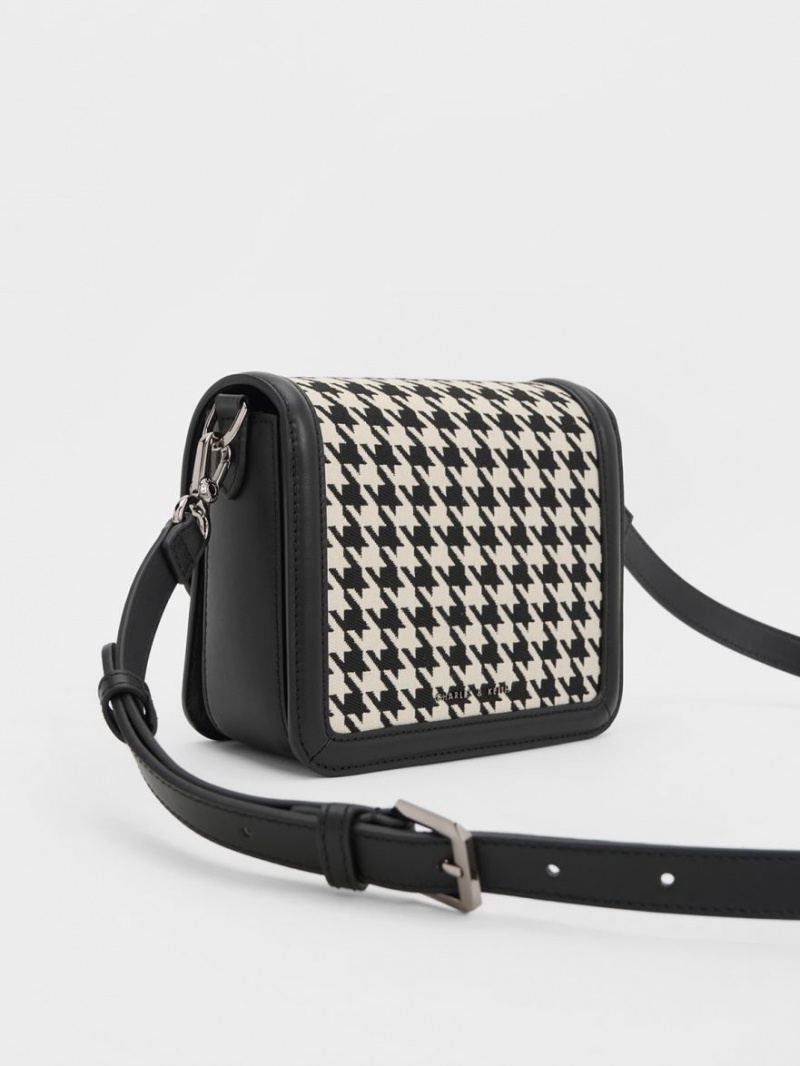 τσάντεσ χιαστί Charles And Keith Gabine Houndstooth δερματινα μαυρα ασπρα | 68731-BDQV