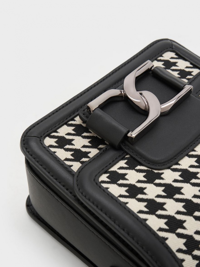 τσάντεσ χιαστί Charles And Keith Gabine Houndstooth δερματινα μαυρα ασπρα | 68731-BDQV