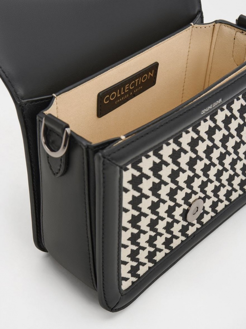 τσάντεσ χιαστί Charles And Keith Gabine Houndstooth δερματινα μαυρα ασπρα | 68731-BDQV