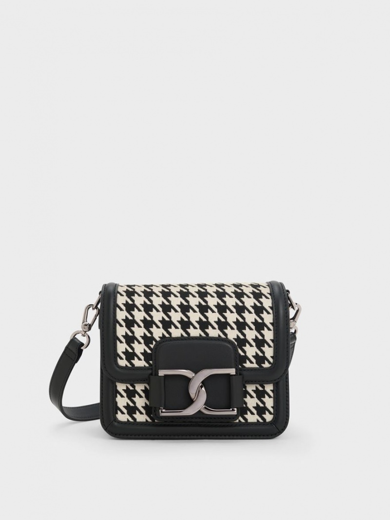 τσάντεσ χιαστί Charles And Keith Gabine Houndstooth δερματινα μαυρα ασπρα | 68731-BDQV