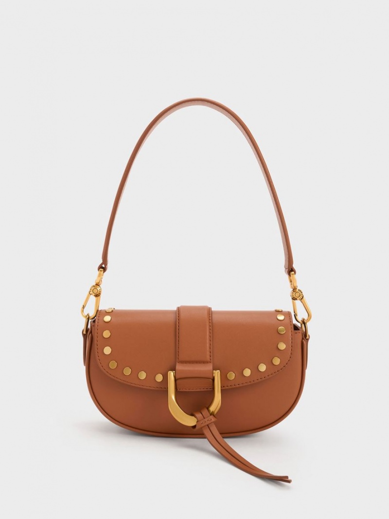 τσάντεσ ώμου Charles And Keith Gabine Studded δερματινα καφε | 48657-YQTE