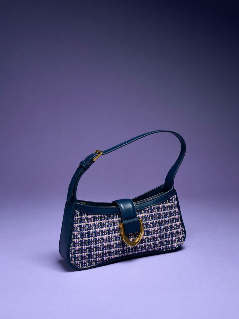 τσάντεσ ώμου Charles And Keith Gabine Tweed Curved σκουρο μπλε | 43592-OBAQ