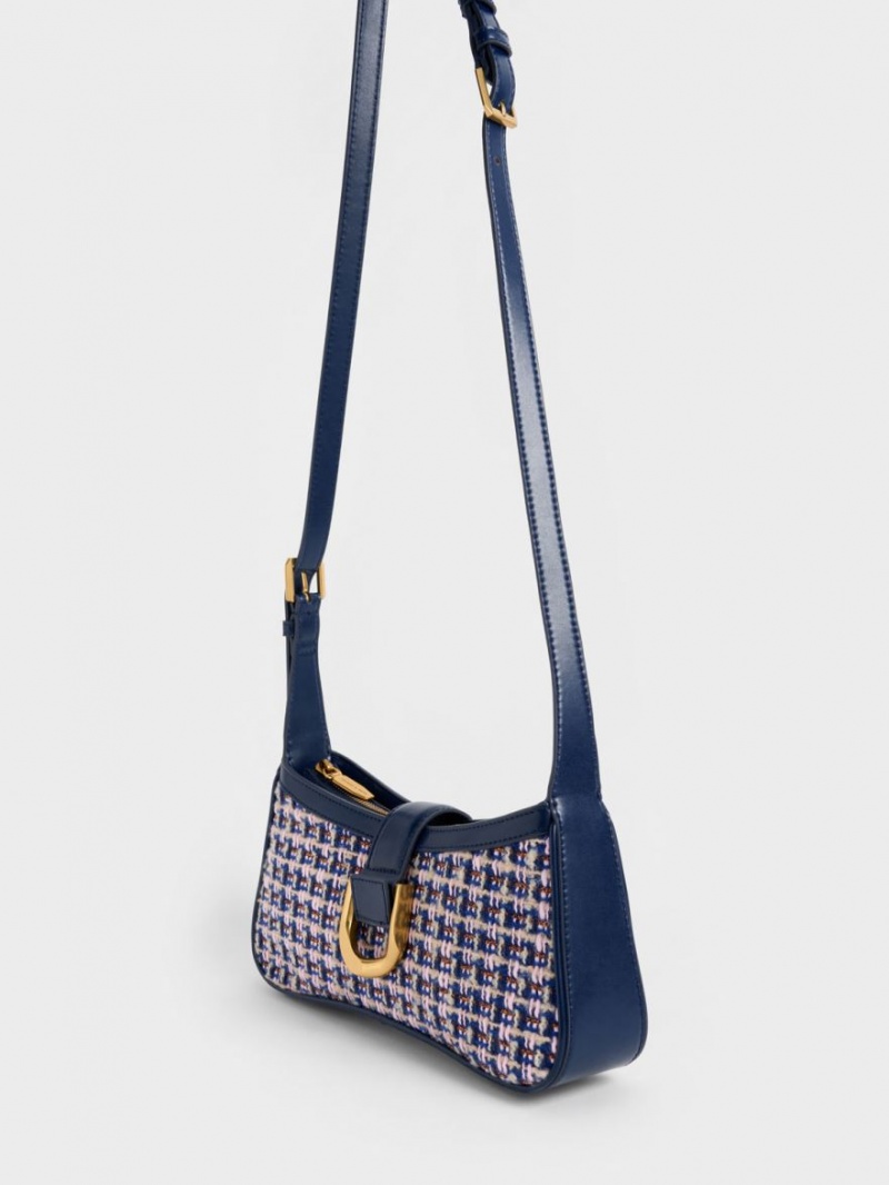 τσάντεσ ώμου Charles And Keith Gabine Tweed Curved σκουρο μπλε | 43592-OBAQ